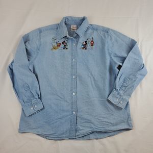 Disney Store L Blue Denim Vintage Embroidered Minnie Mickey & Characters Shirts